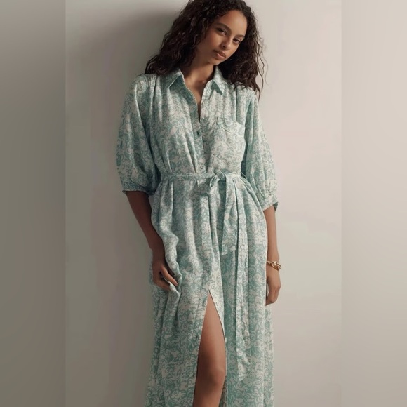 Anthropologie Maeve Button Front Belted Wrap Maxi Dress in Sky Size XL Linen - Picture 3 of 10